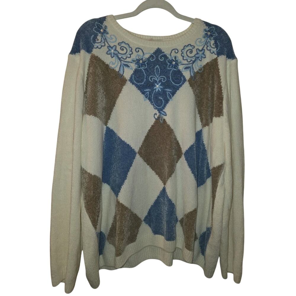 Alfred Dunner 3X Dover Cliff Embroidered Argyle Chenille Pullover Sweater Preppy